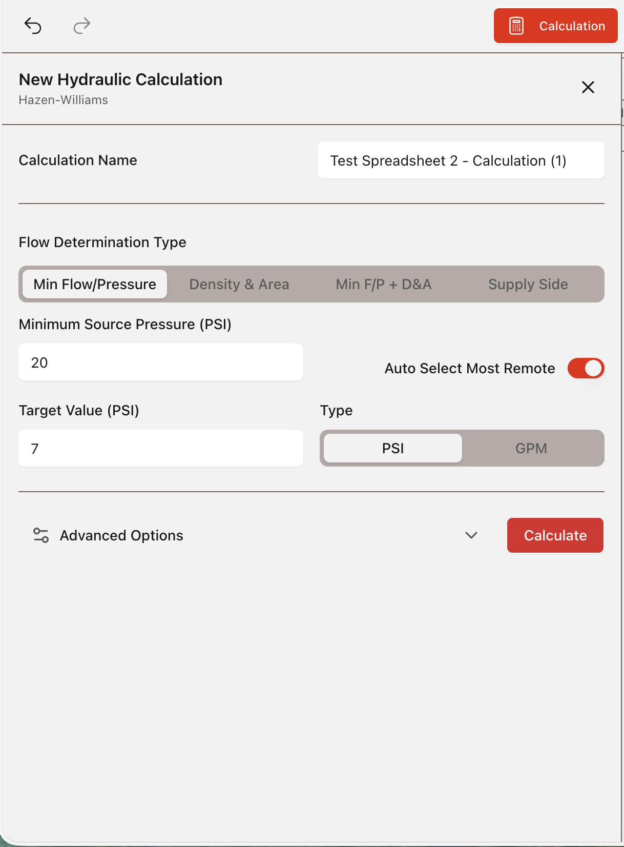 Calculation criteria screen