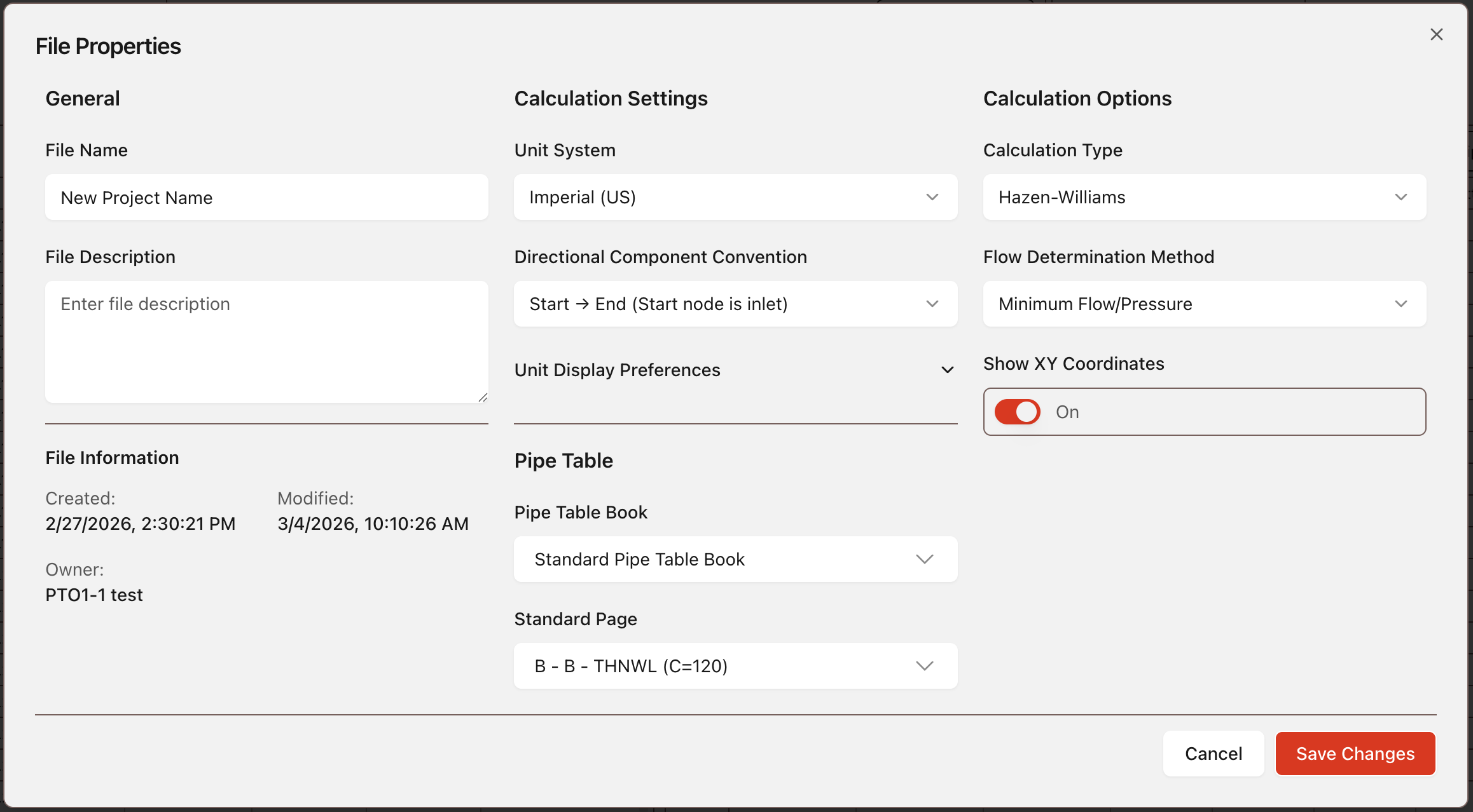 Project properties popup